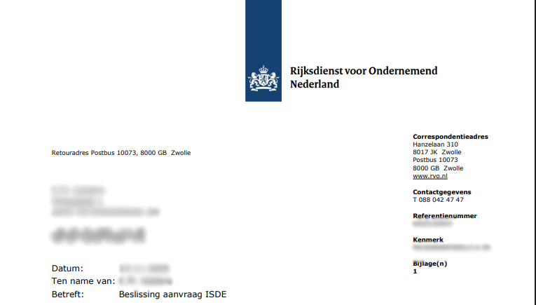 RVO-brief over een ISDE-aanvraag met een AFGEWEZEN-stempel